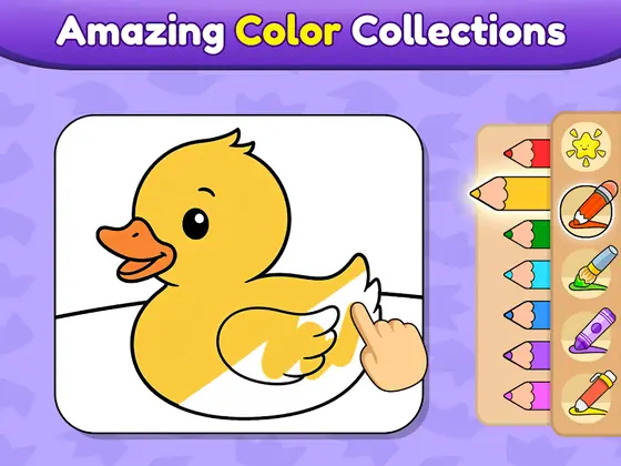 Coloring games for kids session capture: a duckling picture being filled with colour