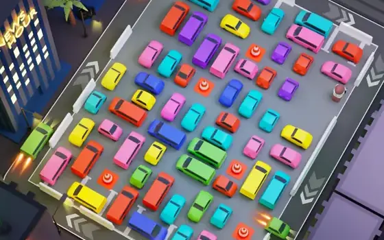 Parking Master 3D gameplay: a crowded car park seen from above with cars to untangle