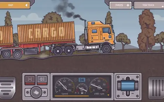 Trucker Ben gameplay: a side-view truck hauling a trailer under a steel bridge