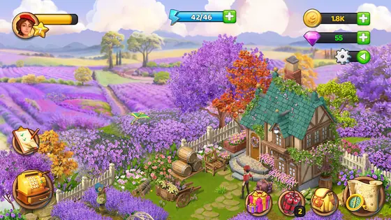 Tuscany Garden gameplay: a restored farm plot with vegetable beds and a pond